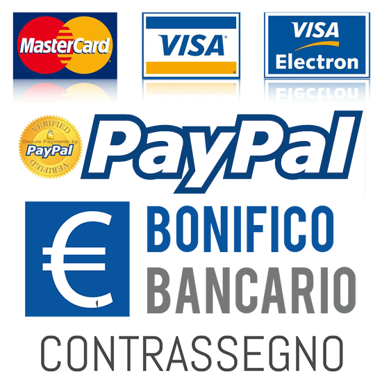 Accettiamo pagamenti con Carta di credito, 
PayPal,  Bonifico Bancario, Contrassegno (Solo ITALIA), Ricarica POSTEPAY (Solo ITALIA)